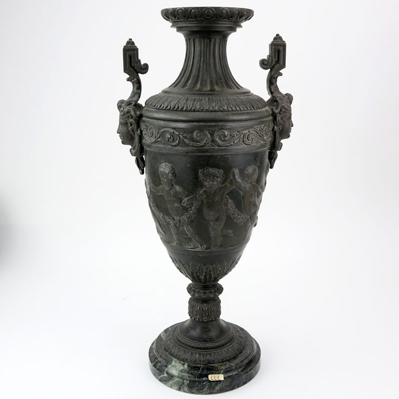 Antique Neoclassical Style Patinated White Metal Urn on Marble Base.