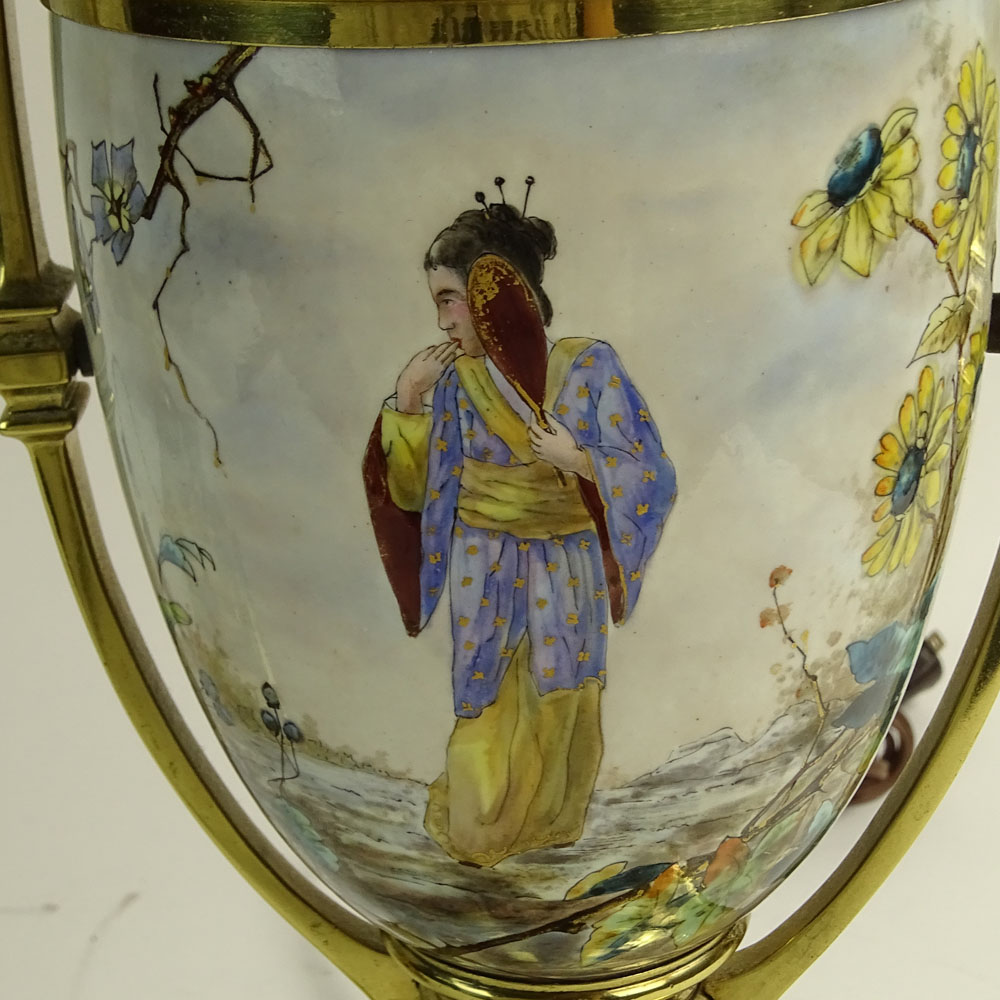 Pair of Early 20th C Japonism Brass Mounted Hand painted Faience Urns Now As lamps.