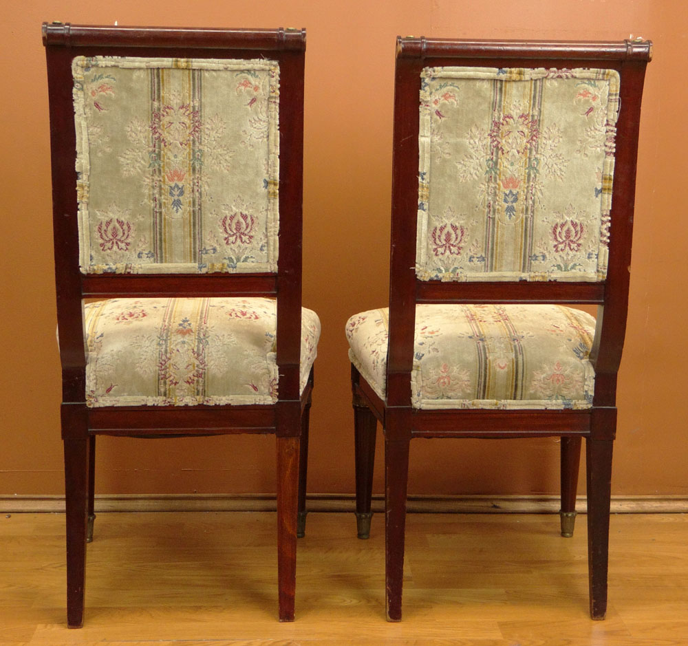 Pair of 19/20th Century French Empire style Bronze Mounted Mahogany and Upholstered Side Chairs.