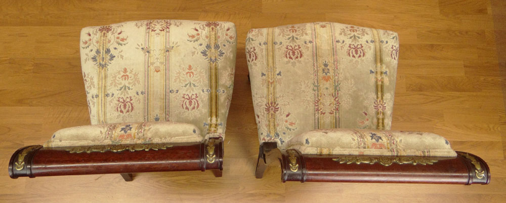 Pair of 19/20th Century French Empire style Bronze Mounted Mahogany and Upholstered Side Chairs.