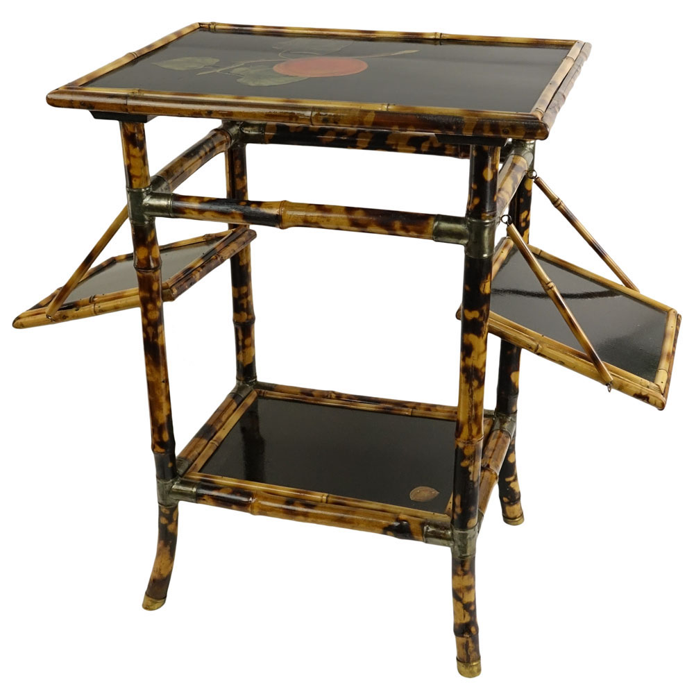 Vintage Lacquered Bamboo Small Table With 2 Fold Up Shelves.