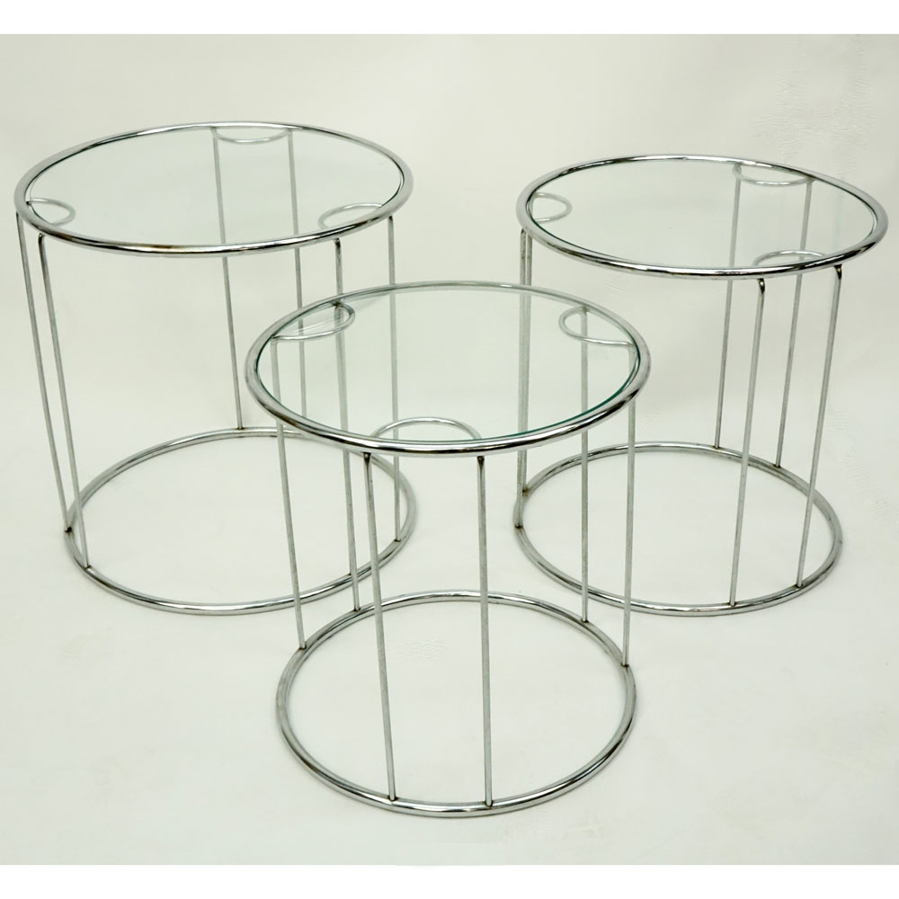 Attributed to: Milo Baughman, American (1923-2003) Set of Three (3) Chrome and Glass Nesting Tables. 