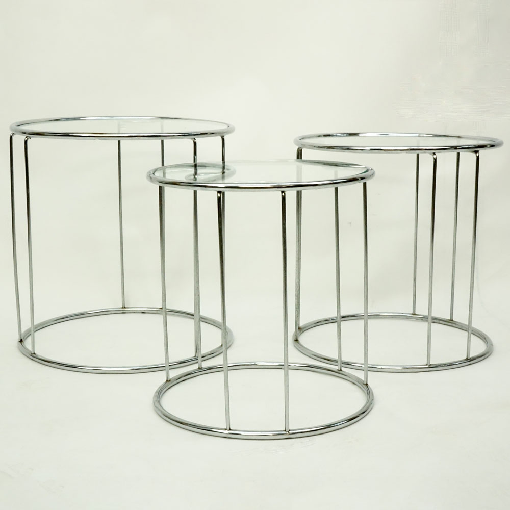 Attributed to: Milo Baughman, American (1923-2003) Set of Three (3) Chrome and Glass Nesting Tables. 