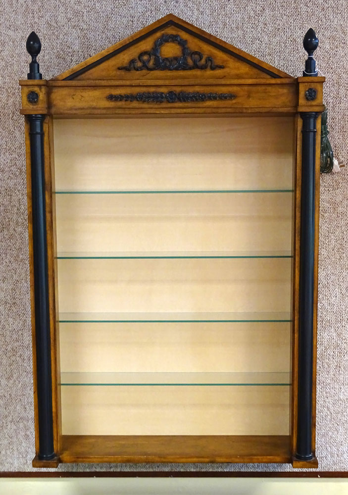 Vintage Neo-Classical Style Hanging Open Display Cabinet. 4 Glass Shelves, Fruitwood Finish with Ebonized Elements. 