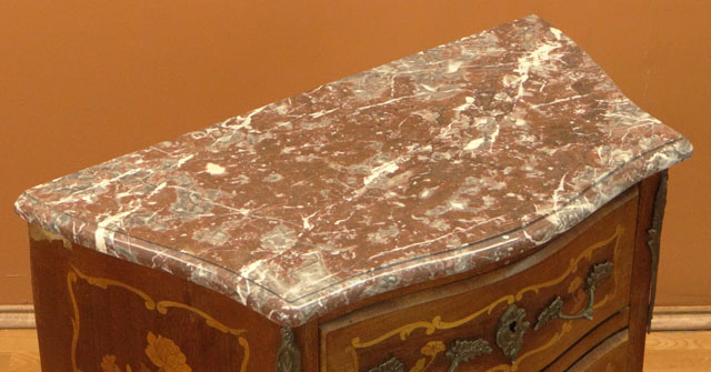 Small 20th Century French Louis XV style Bronze Mounted Marquetry Inlaid Bombe Commode with Two (2) Drawers and Marble Top.