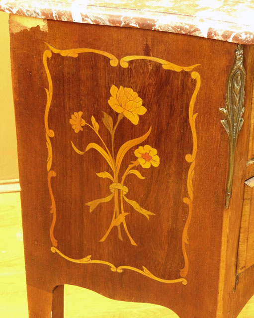 Small 20th Century French Louis XV style Bronze Mounted Marquetry Inlaid Bombe Commode with Two (2) Drawers and Marble Top.