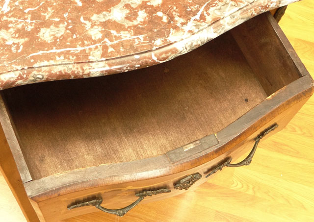 Small 20th Century French Louis XV style Bronze Mounted Marquetry Inlaid Bombe Commode with Two (2) Drawers and Marble Top.