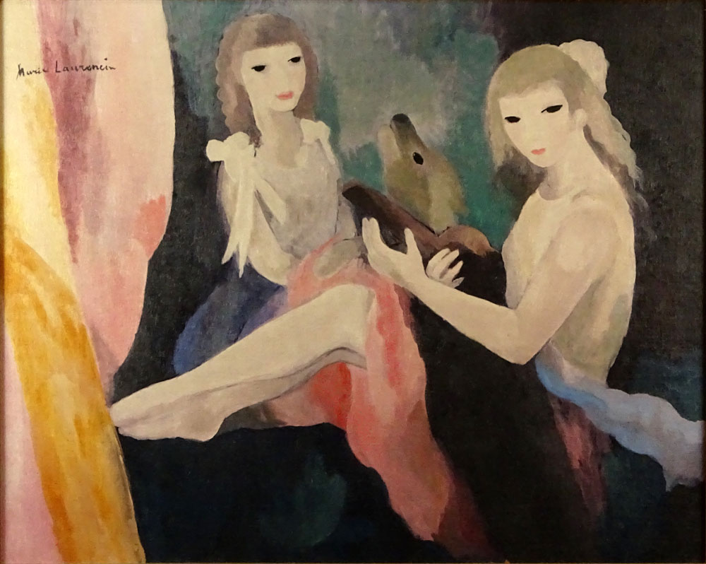 after: Marie Laurencin, French (1885-1956) Oil on Canvas "Femmes Avec Chien" 