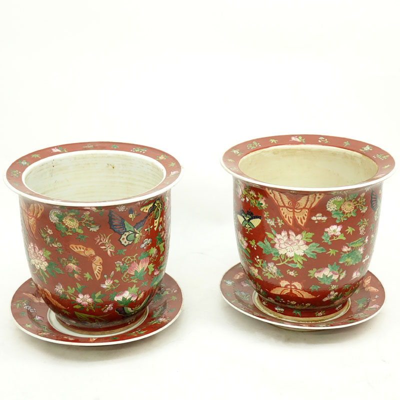 Pair Later 20th Century Chinese Porcelain  Jardinière With Matching Underplates.