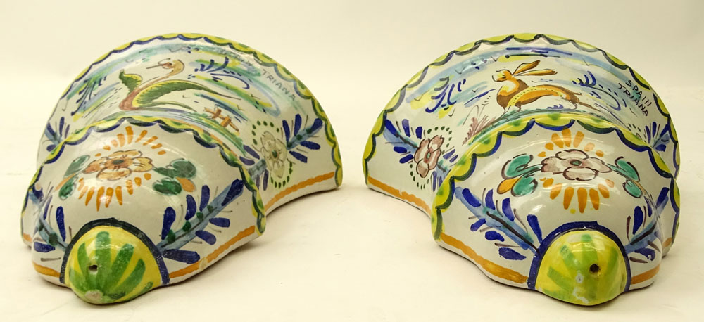 Pair of Vintage Spanish Majolica Wall Pockets. Signed Spain Triana.