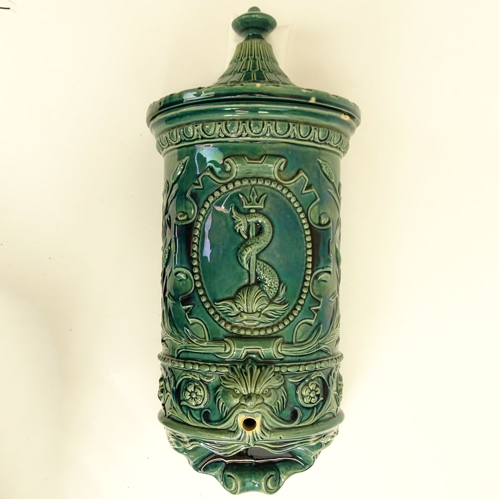 19/20th Century Majolica Lavabo. Figural spout. Unsigned. Chip on top rim, small chips on lid and glaze pops.