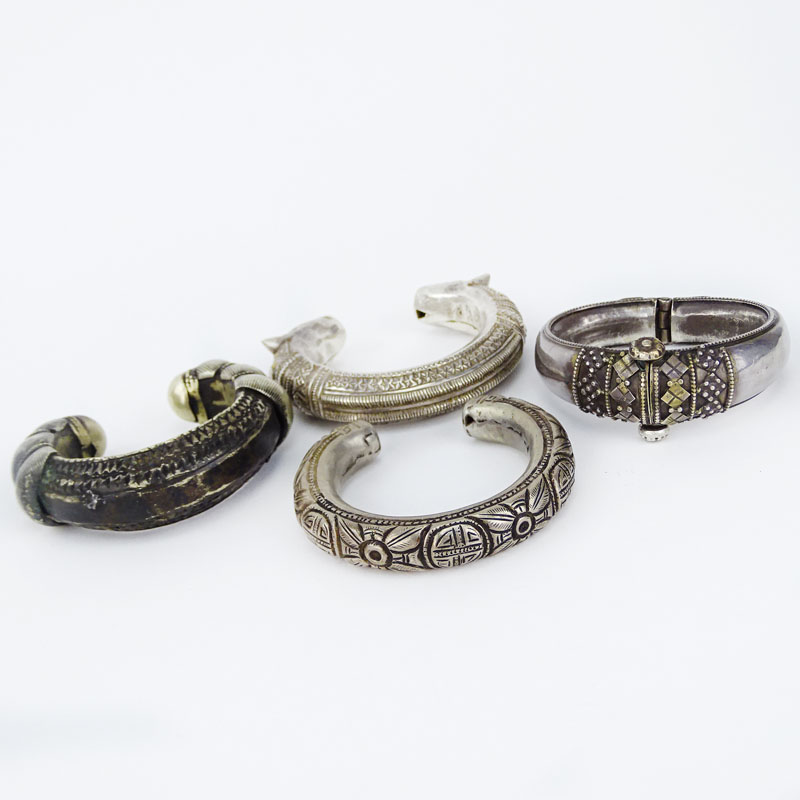Collection of Four (4) Vintage Middle Eastern / Indian or African Silver Cuff Bangle Bracelets.