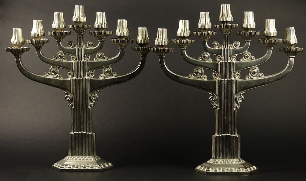 Pair of Art Deco Style 20th Century Aluminum Seven (7) Arm Candelabra.