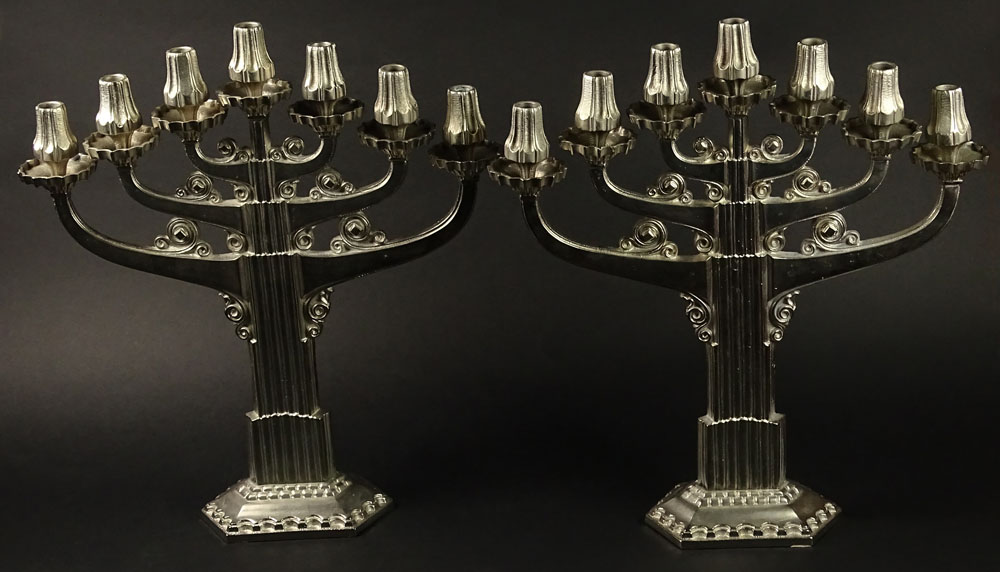 Pair of Art Deco Style 20th Century Aluminum Seven (7) Arm Candelabra.