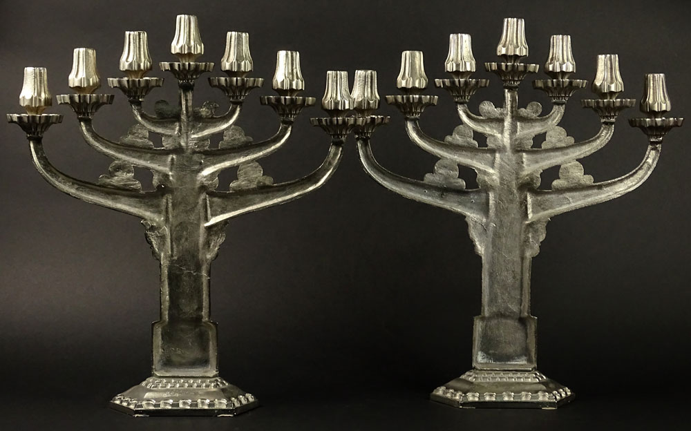 Pair of Art Deco Style 20th Century Aluminum Seven (7) Arm Candelabra.