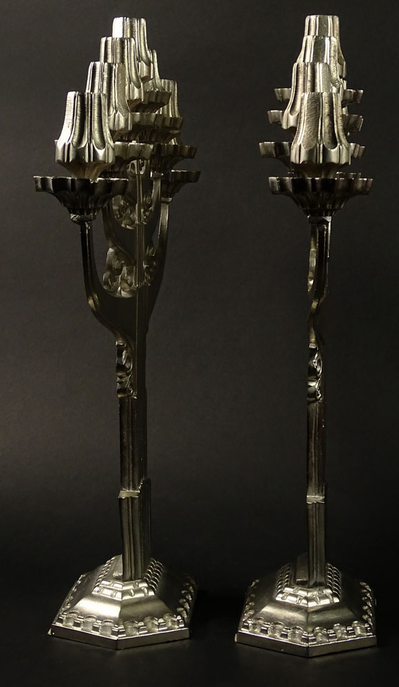 Pair of Art Deco Style 20th Century Aluminum Seven (7) Arm Candelabra.