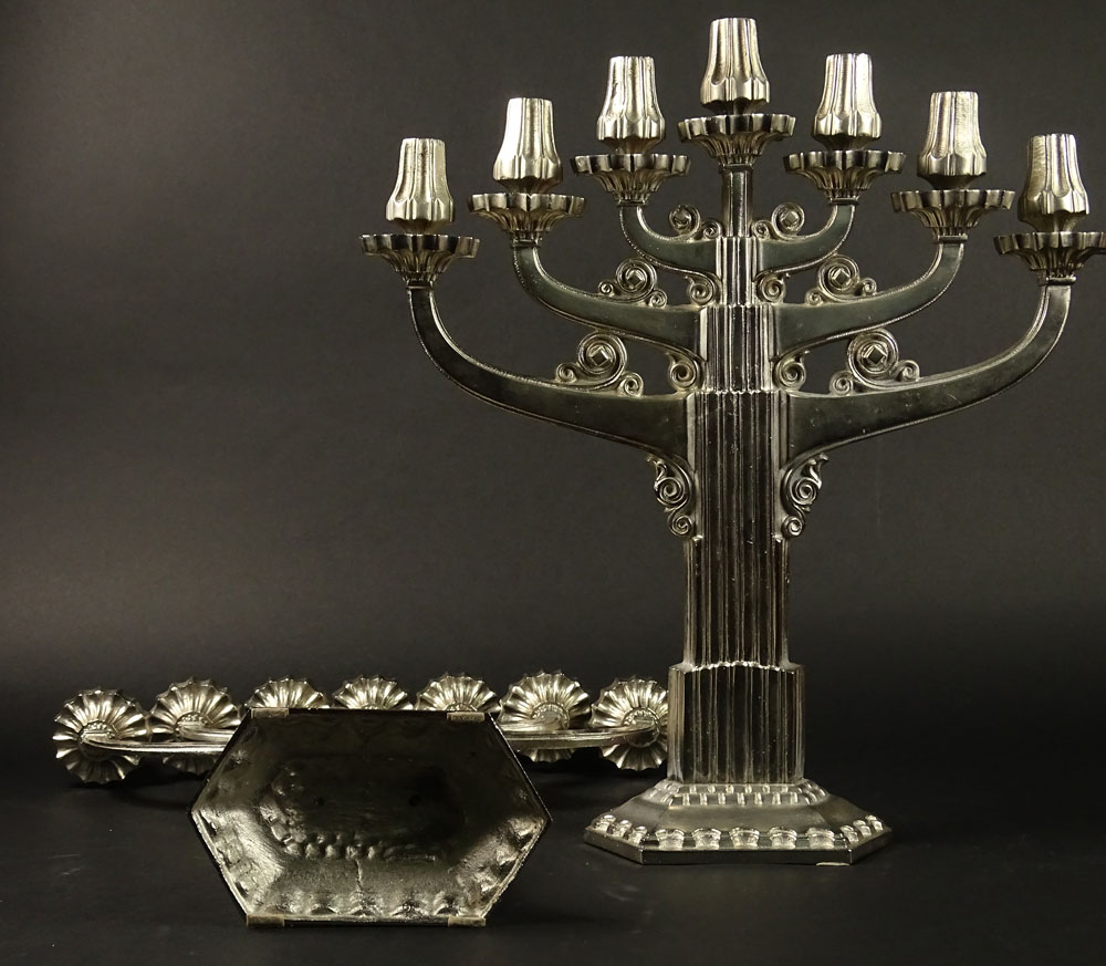 Pair of Art Deco Style 20th Century Aluminum Seven (7) Arm Candelabra.