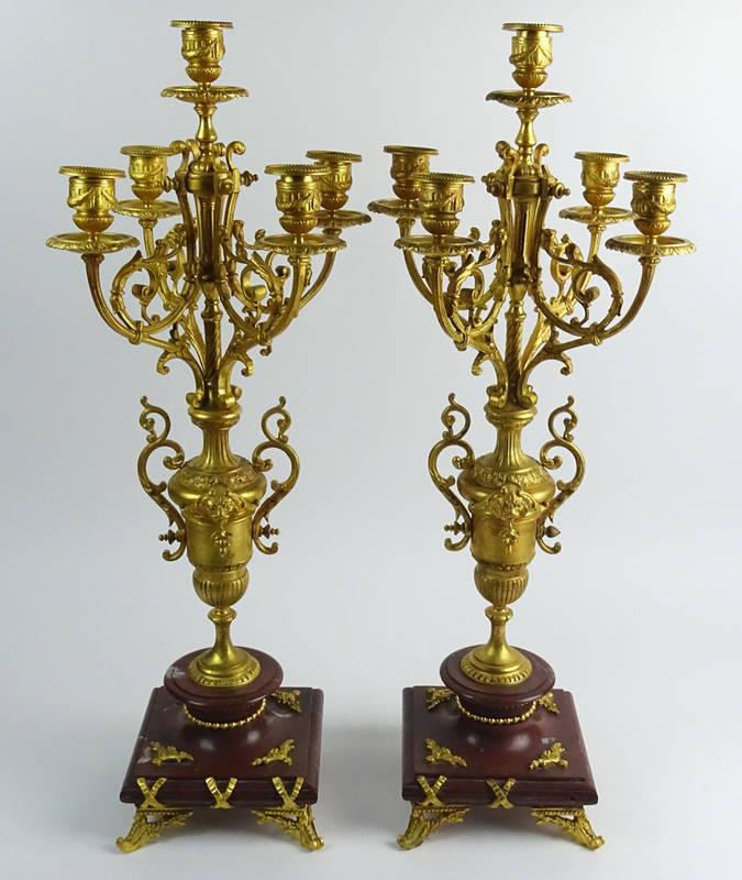 Pair of Late 19th Century French Gilt Bronze and Rouge Marble Five Light Candelabra.