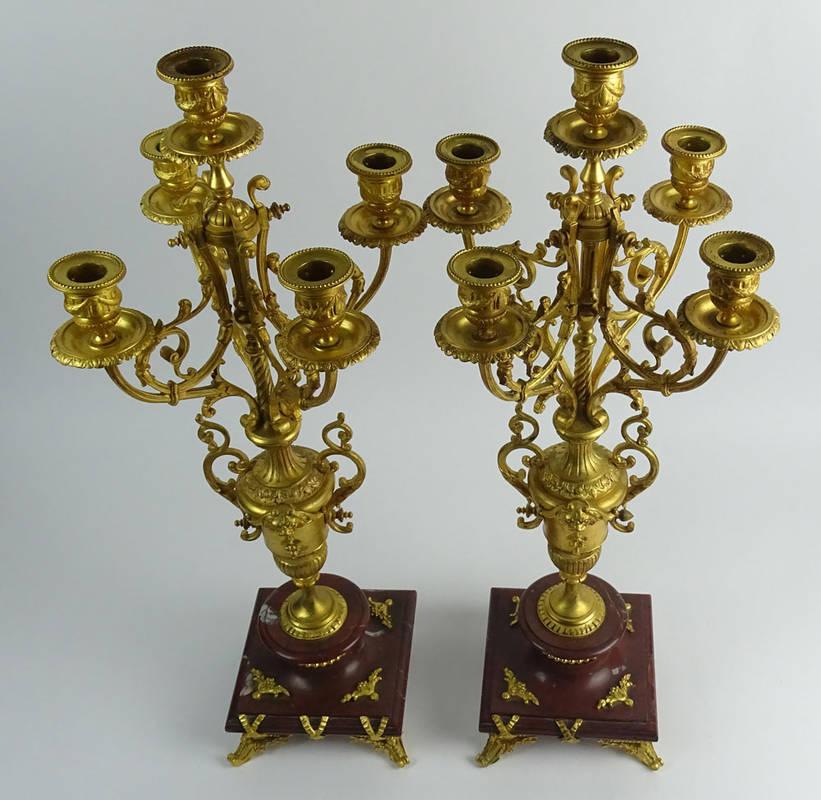 Pair of Late 19th Century French Gilt Bronze and Rouge Marble Five Light Candelabra.