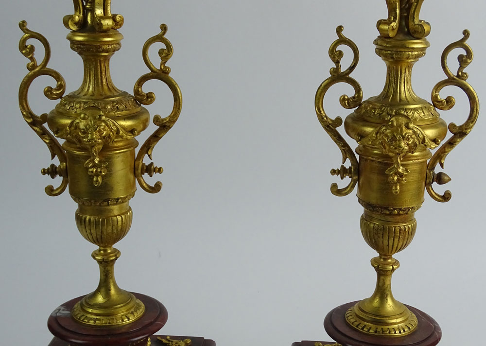 Pair of Late 19th Century French Gilt Bronze and Rouge Marble Five Light Candelabra.