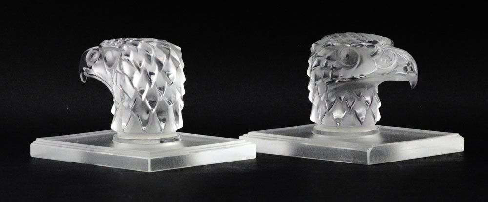 Pair of Vintage Lalique France "Tete D'Aigle" Clear and Frosted Bookends.