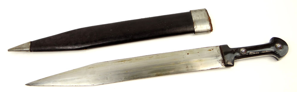 20th Century Continental Broad Sword with Carved Horn Grip and Leather Scabbard.