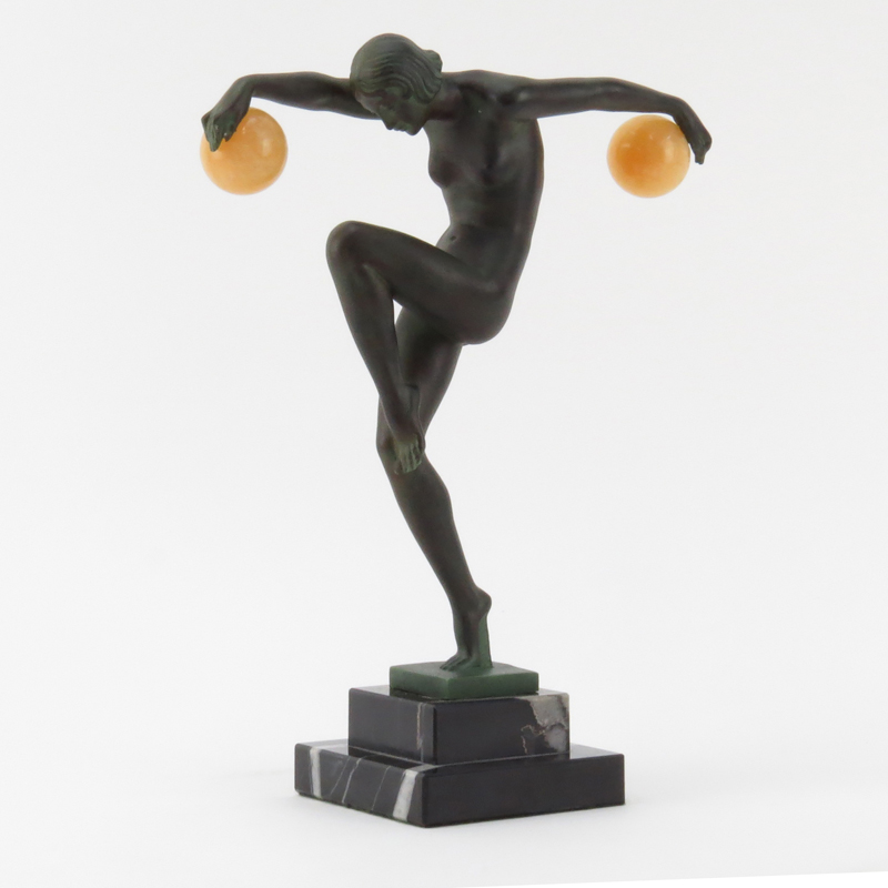 Art Deco Bronze Figure "Danseuse Aux Boules" On Stepped Marble Base. Signed Denis and foundry mark. 