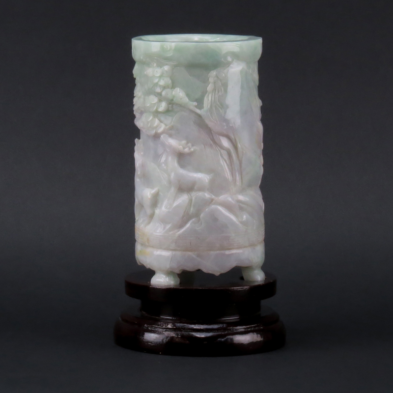 Antique Chinese Carved Light Green Jade Brush Pot on Wooden Base.