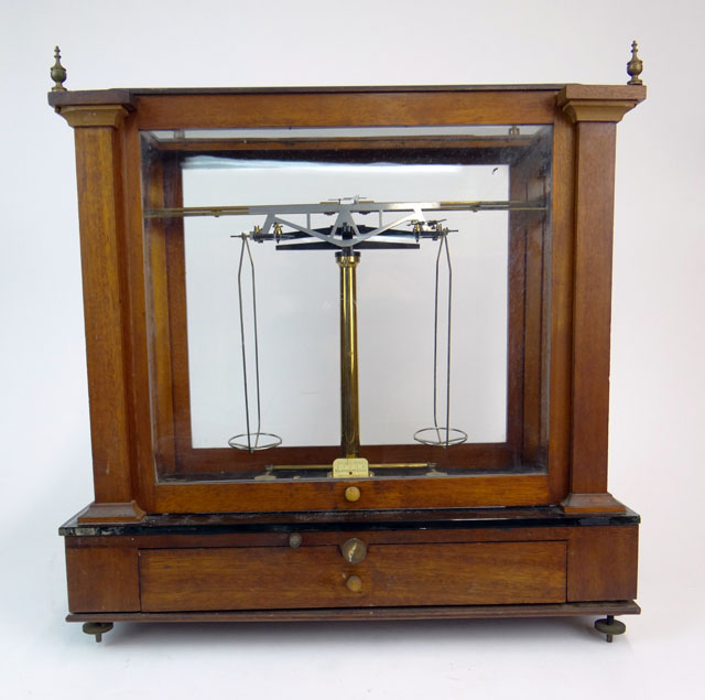 Early 20th Century American Colorado Wm. Ainsworth & Sons Mahogany, Brass and Glass Encased Balance Scale with Weights. 