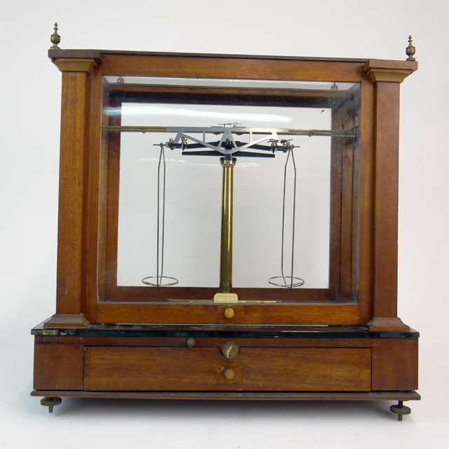 Early 20th Century American Colorado Wm. Ainsworth & Sons Mahogany, Brass and Glass Encased Balance Scale with Weights. 