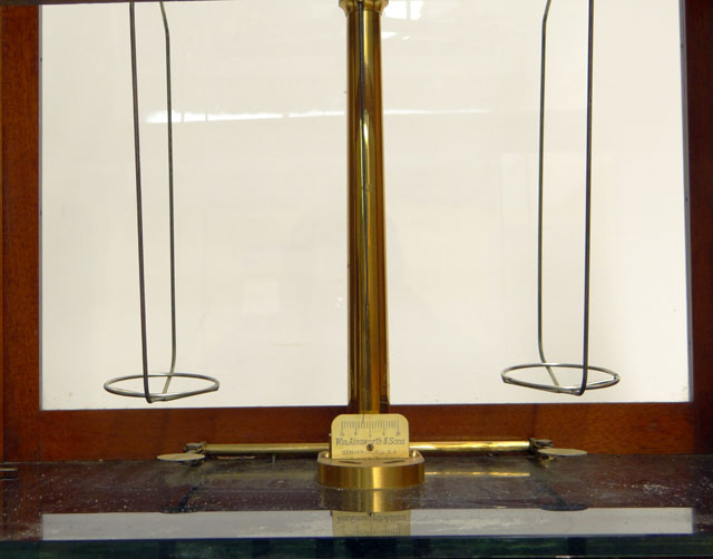 Early 20th Century American Colorado Wm. Ainsworth & Sons Mahogany, Brass and Glass Encased Balance Scale with Weights. 