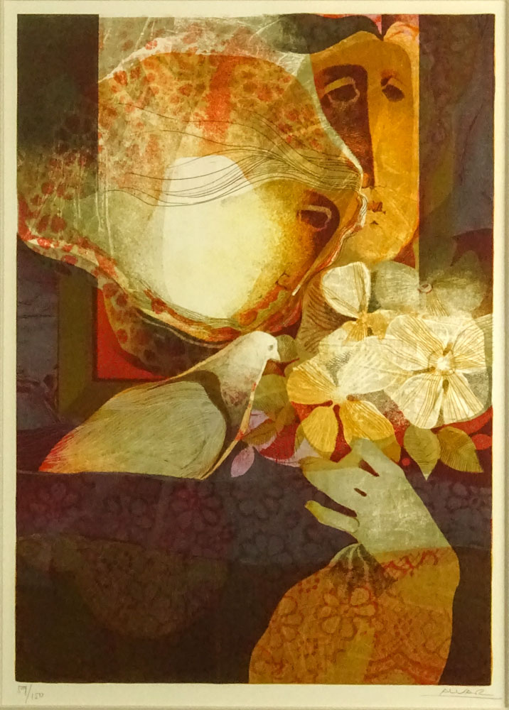 "Alvar" Alvar Sunol Munoz-Ramos, Spanish (b.1935) Color lithograph "Two Figures With Pigeon and Flowers" Signed Alvar and numbered 59/150 in pencil.