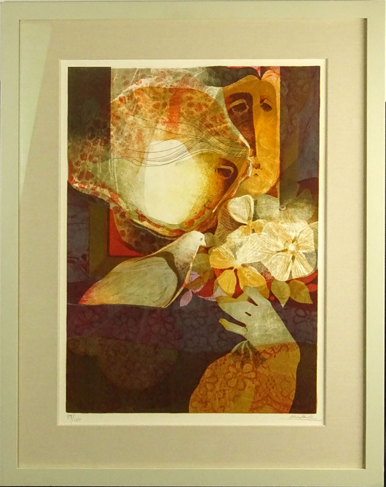 "Alvar" Alvar Sunol Munoz-Ramos, Spanish (b.1935) Color lithograph "Two Figures With Pigeon and Flowers" Signed Alvar and numbered 59/150 in pencil.