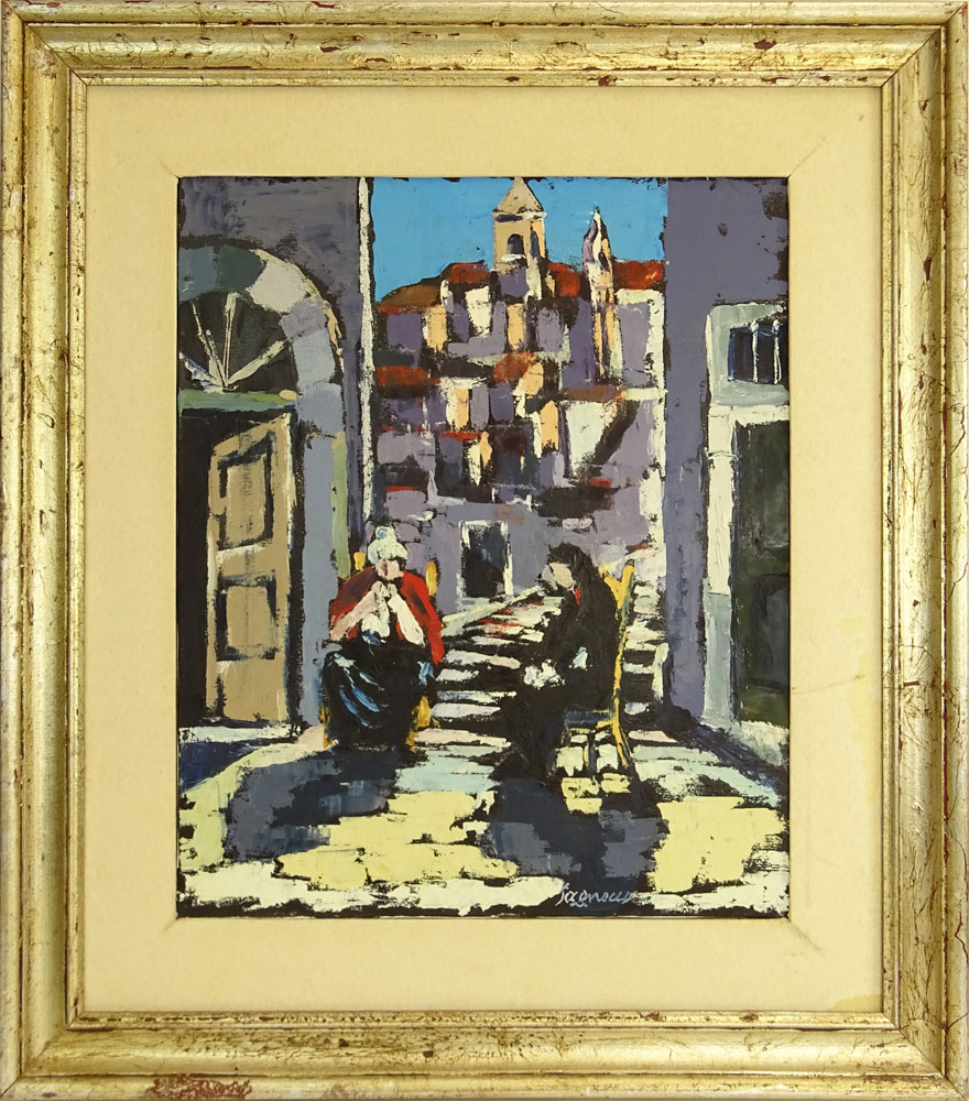 Mid 20th Century Oil Painting bears signature Iagnocco (?). "Chatting In The Square" 