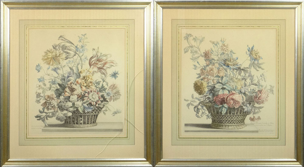 after: Jean-Baptiste Monnoyer, French (1636-1699) Two (2) 20th Century Hand Colored Engravings "Still Life with Flowers in Basket". 