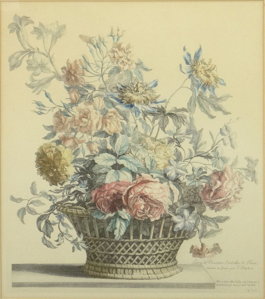 after: Jean-Baptiste Monnoyer, French (1636-1699) Two (2) 20th Century Hand Colored Engravings "Still Life with Flowers in Basket". 