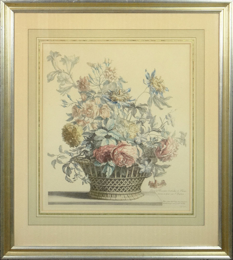 after: Jean-Baptiste Monnoyer, French (1636-1699) Two (2) 20th Century Hand Colored Engravings "Still Life with Flowers in Basket". 
