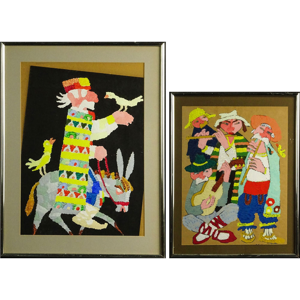 Jovan Obican, French (1918-1986) Two (2) Gouache on Paper Paintings. "Man on Donkey" & "Musicians" Signed lower right. 