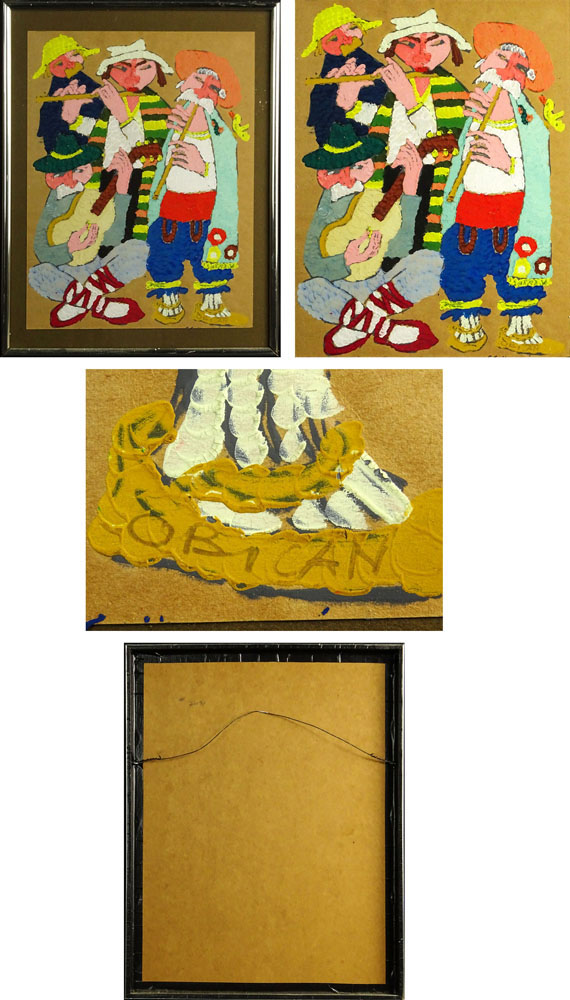 Jovan Obican, French (1918-1986) Two (2) Gouache on Paper Paintings. "Man on Donkey" & "Musicians" Signed lower right. 