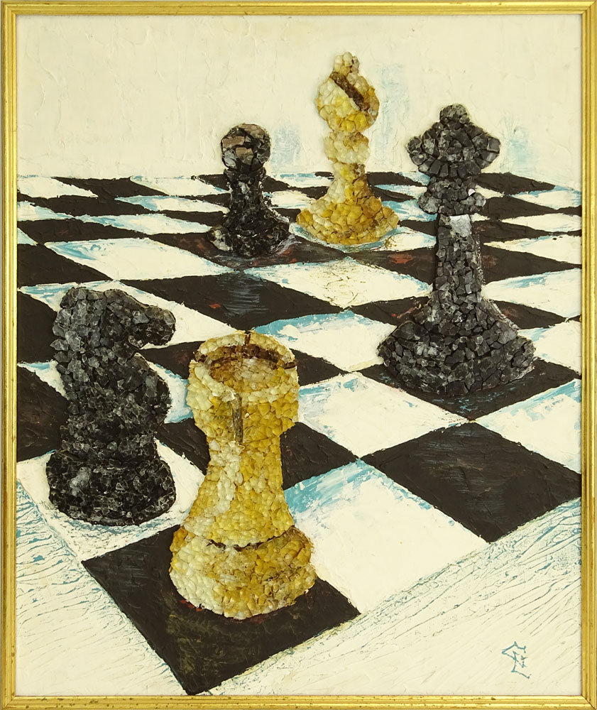 Modern Mixed Media Glass Mosaic and Oil on Panel. "Chess". 