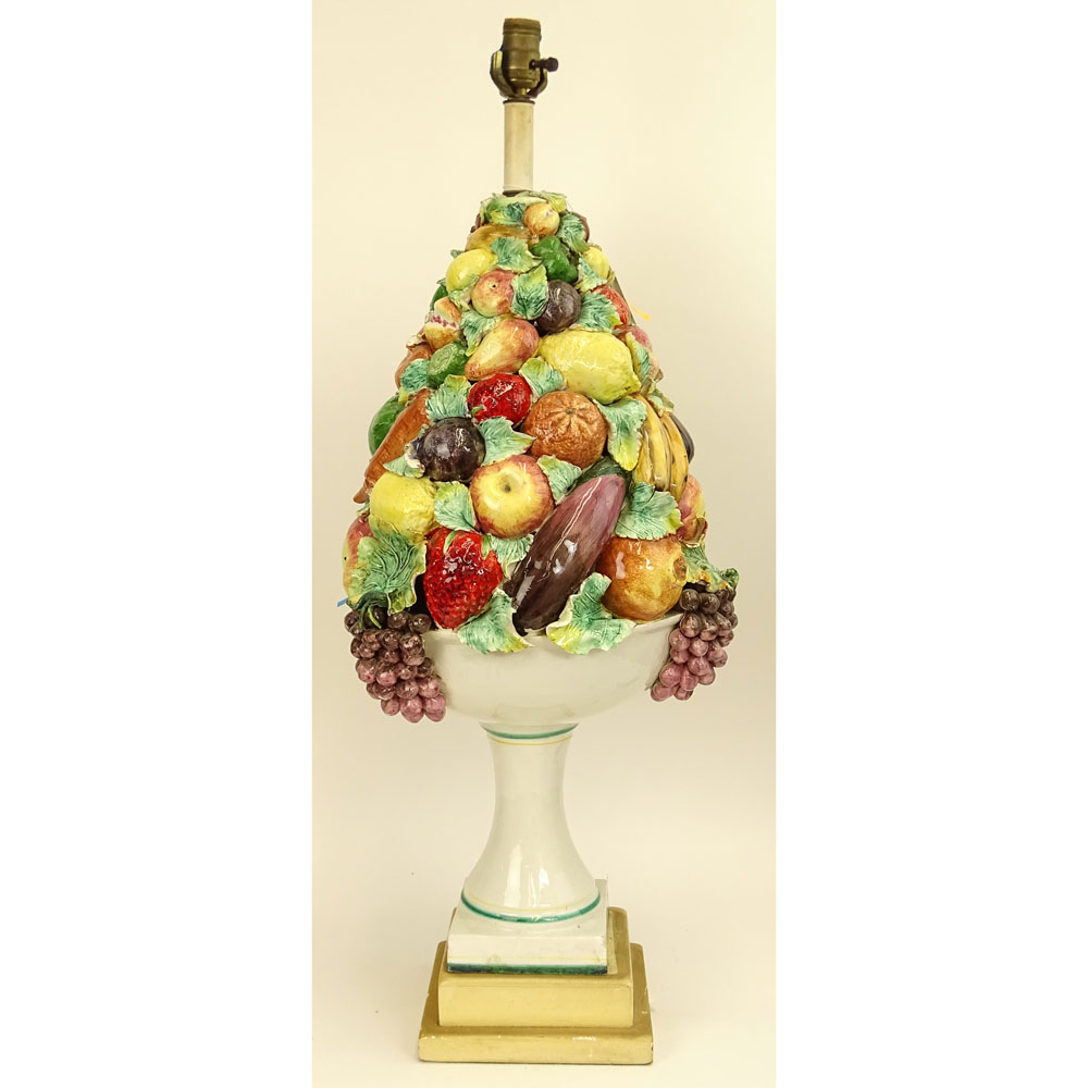 Large Vintage Italian Majolica Pottery Fruit Topiary Lamp.