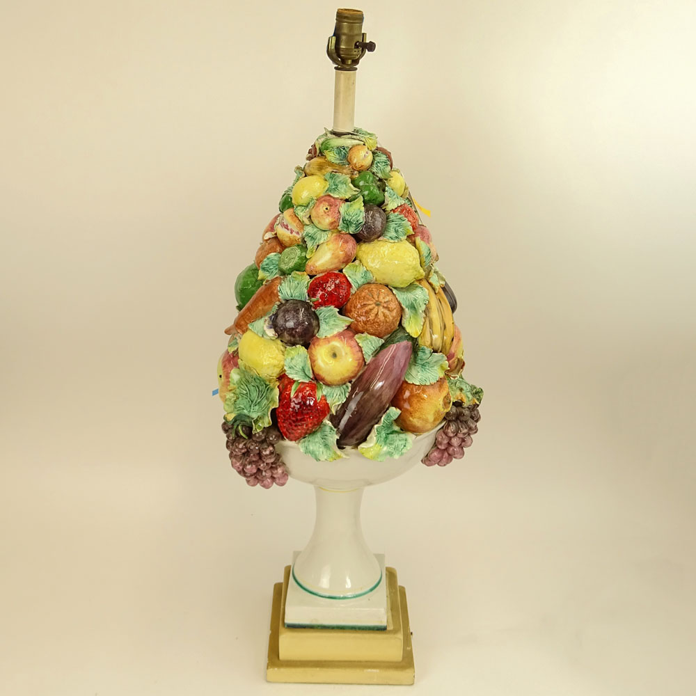 Large Vintage Italian Majolica Pottery Fruit Topiary Lamp.