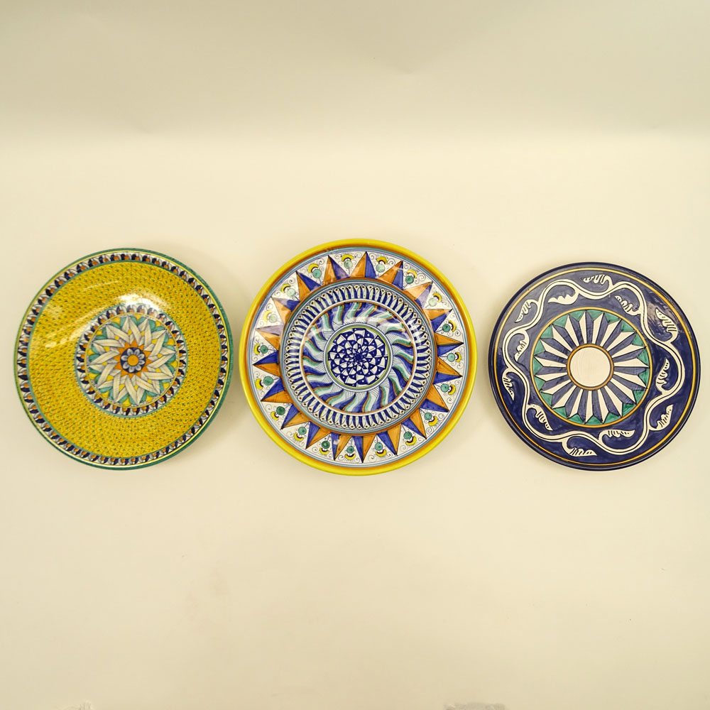 Collection of Three (3) Majolica Chargers. Various designs. Various Marks.
