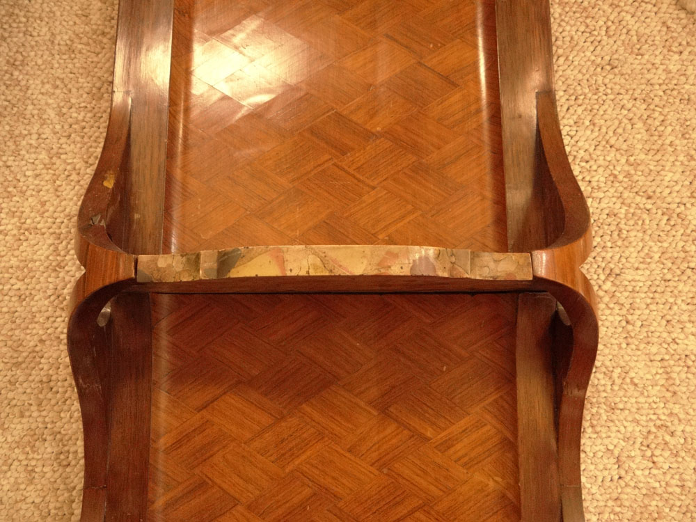 Pair of Rare and Unusual 19th Century French Wall Mounted Kingwood Parquetry Inlay Etageres with Fitted Breche d'Alep Marble Shelves.