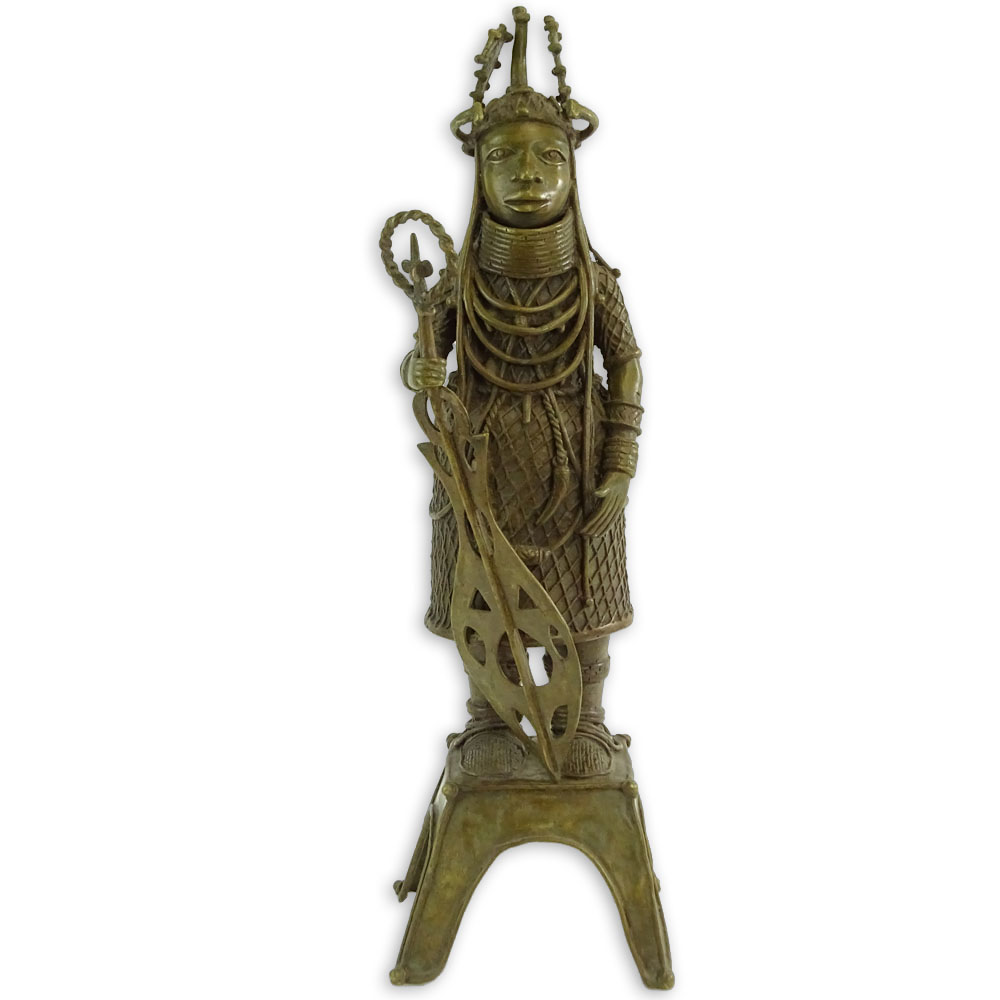 20th Century Benin, Nigeria Brass Lost Wax Cast Standing Shrine Oba Figure.  