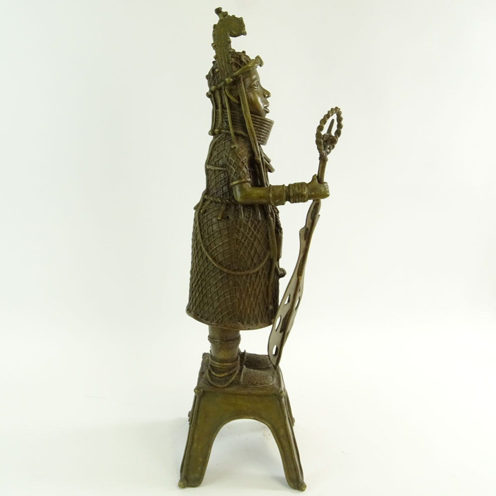 20th Century Benin, Nigeria Brass Lost Wax Cast Standing Shrine Oba Figure.  