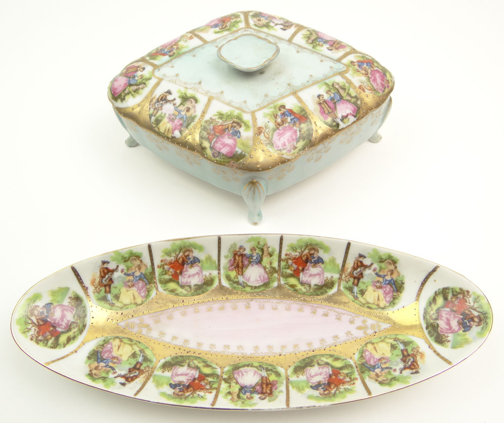 Vintage Royal Vienna style Painted and Gilt Porcelain Footed Dresser Box and Oval Dresser Tray.
