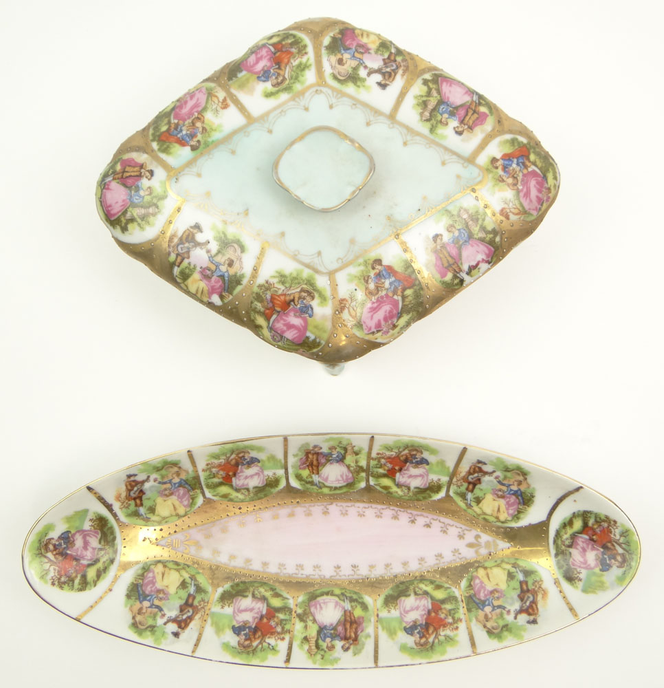 Vintage Royal Vienna style Painted and Gilt Porcelain Footed Dresser Box and Oval Dresser Tray.