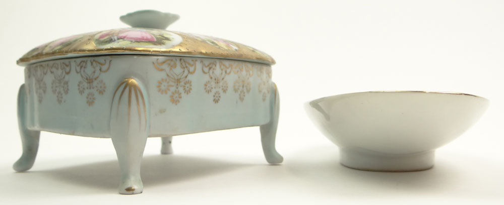 Vintage Royal Vienna style Painted and Gilt Porcelain Footed Dresser Box and Oval Dresser Tray.