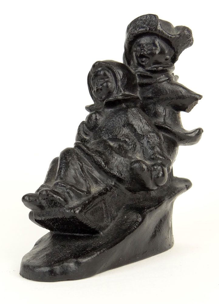 Early 20th Century Cast Metal Figure Group "Children Sledding". Illegible Marked to Base. 